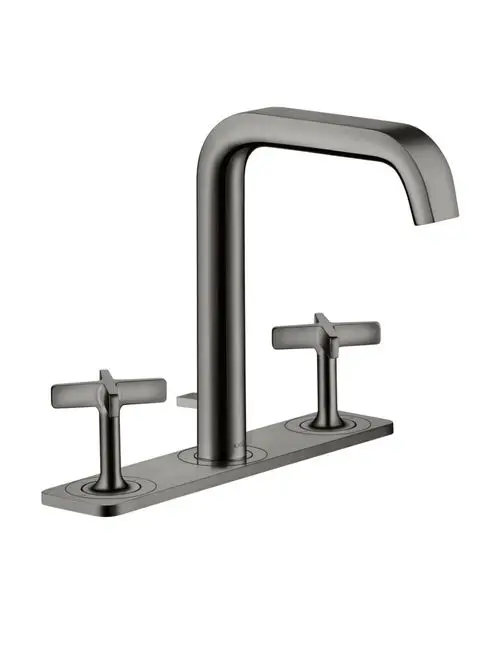 Waschtischarmatur von AXOR mit drei Löchern und zwei Griffen. Modernes Design in poliertem Schwarzchrom, geeignet für Montage auf einer Platte.